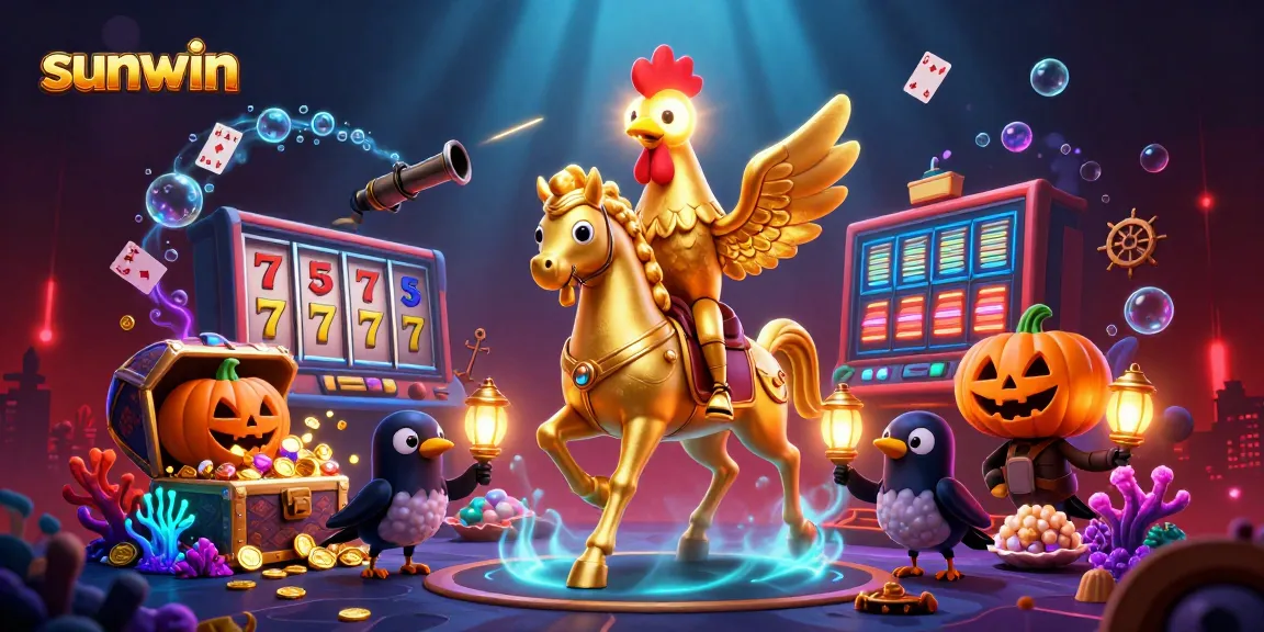 Sunwin offers vibrant casino adventures with golden rooster and treasures in 3D illustration.