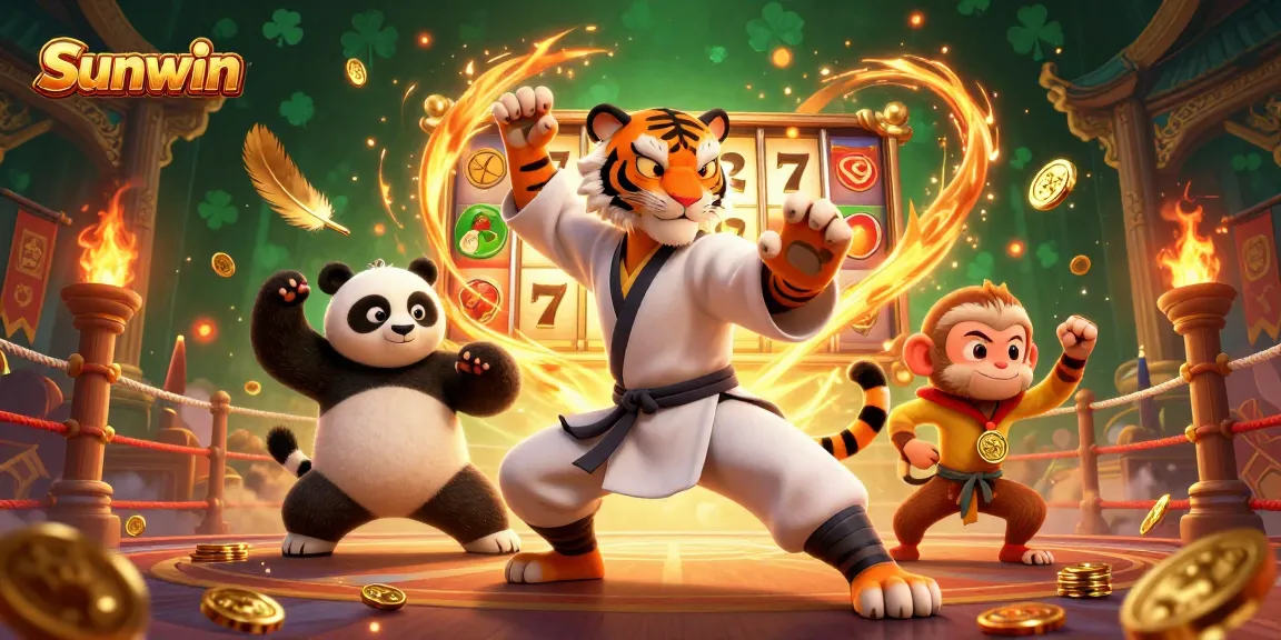 Experience slot gaming excitement with Sunwin; a vibrant casino scene featuring a kung fu tiger, panda disciple, and monkey athlete.
