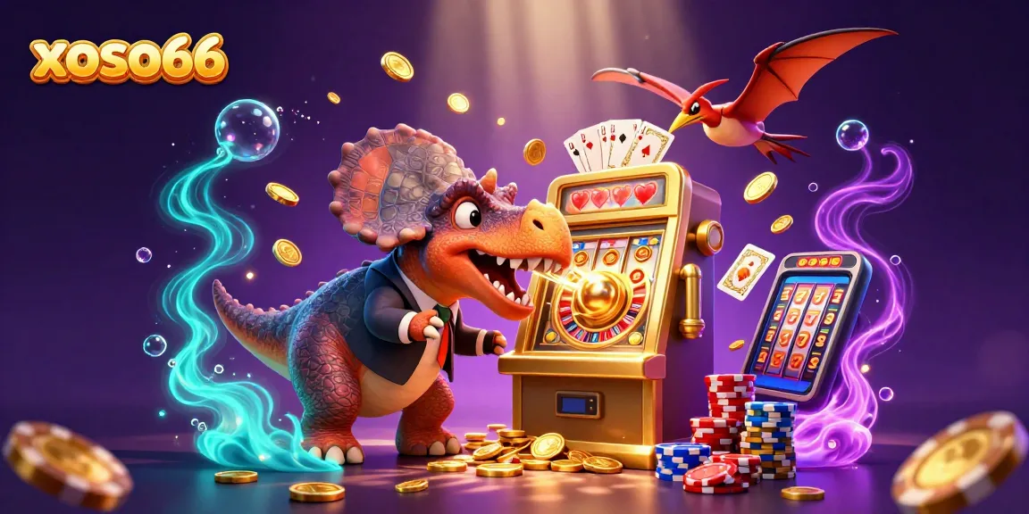 xoso66 wins jackpot as pachycephalosaurus interacts with the slot machine, showcasing dynamic casino scene.