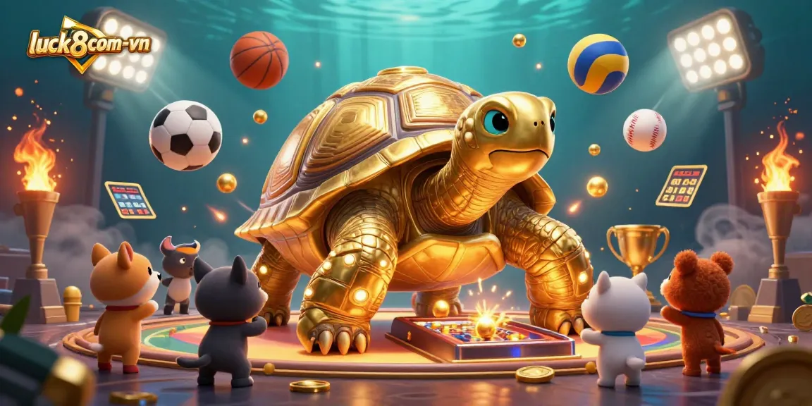 Engage in thrilling gameplay at luck8com-vn with a vibrant illustration of a golden tortoise pinball machine surrounded by excited players.