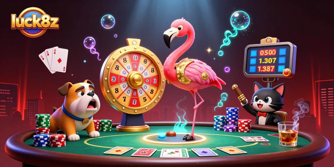 Excited contestants and host on a vibrant casino theme celebrate big wins with luck8z brand.